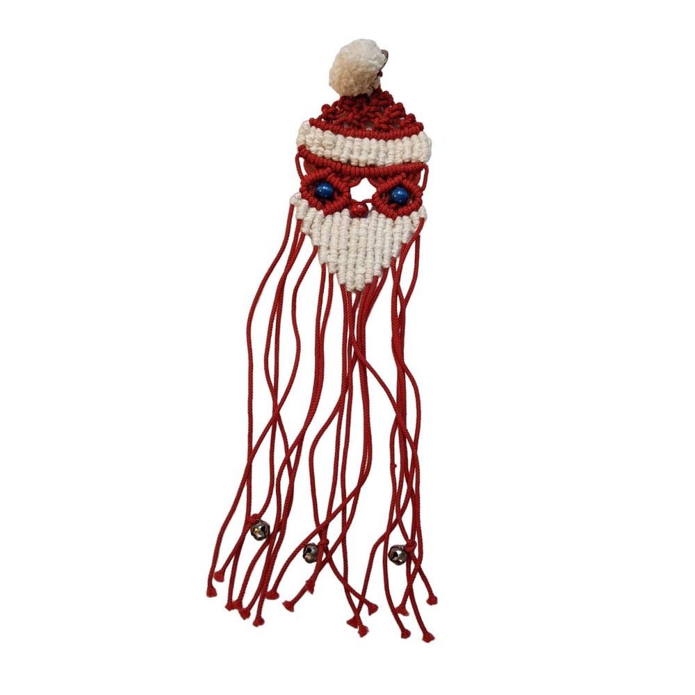 Vintage Macramé Santa Wall Hanging Decoration Pompom Jingle‎ Bells Kitschy 70's